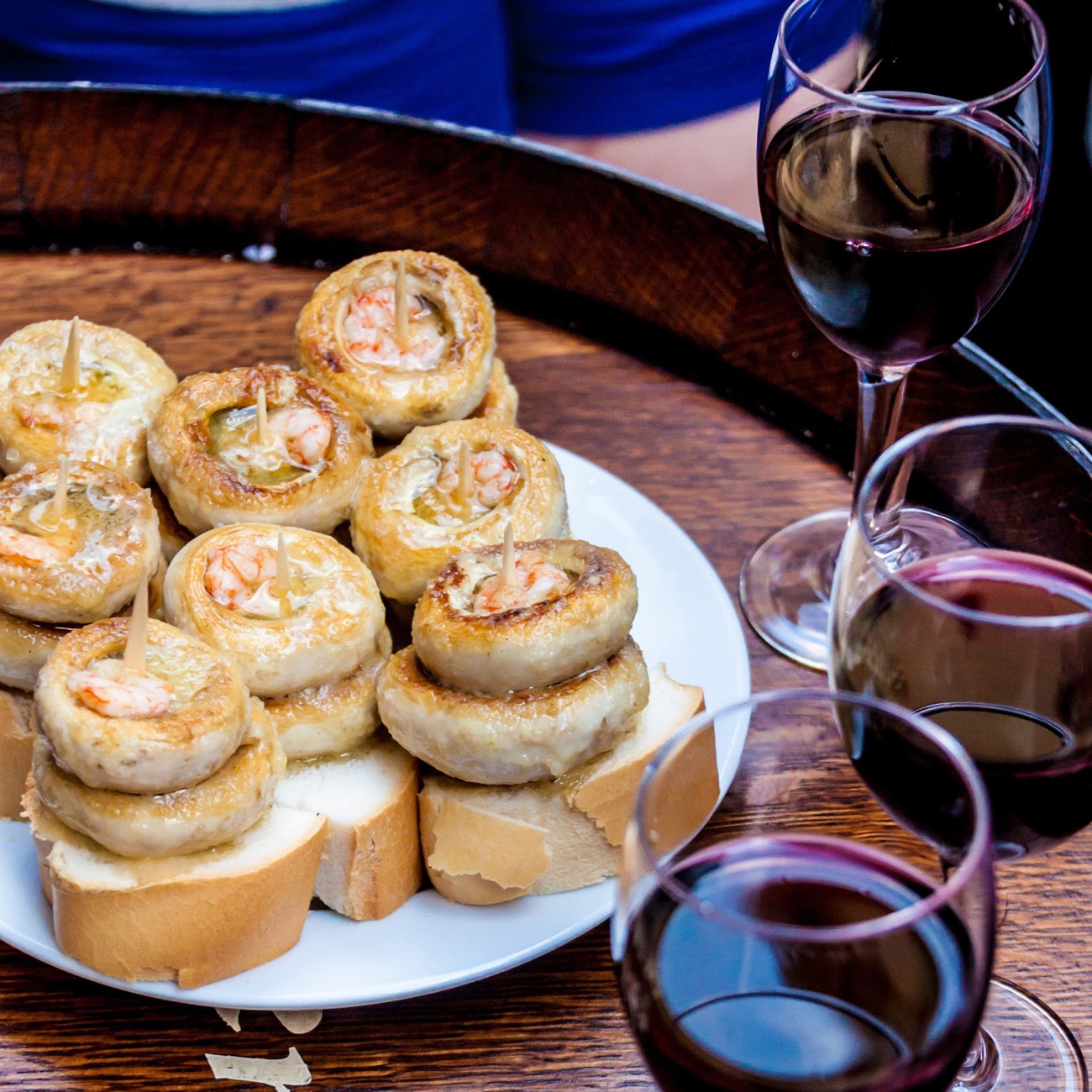 One type of traditional spanish tapas: mushrooms with shrimps and red wine, Bar Soriano, Calle Laurel, Logrono, La Rioja region, Spain