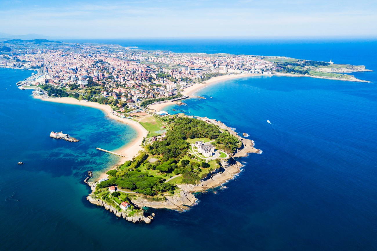 Aerial panoramic view of the Magdalena Peninsula, Santander, Spain