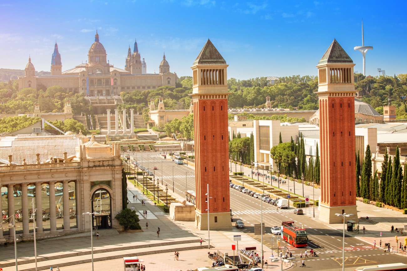 Plaça d' Espanya (Spain square) with the Venetian Towers and the National Art Museum, Barcelona, Spain