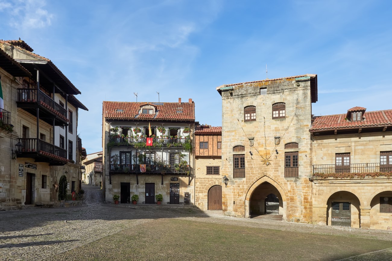 Medieval architecture in the Main Square, Santillana del Mar, Santander, Cantabria, Spain
