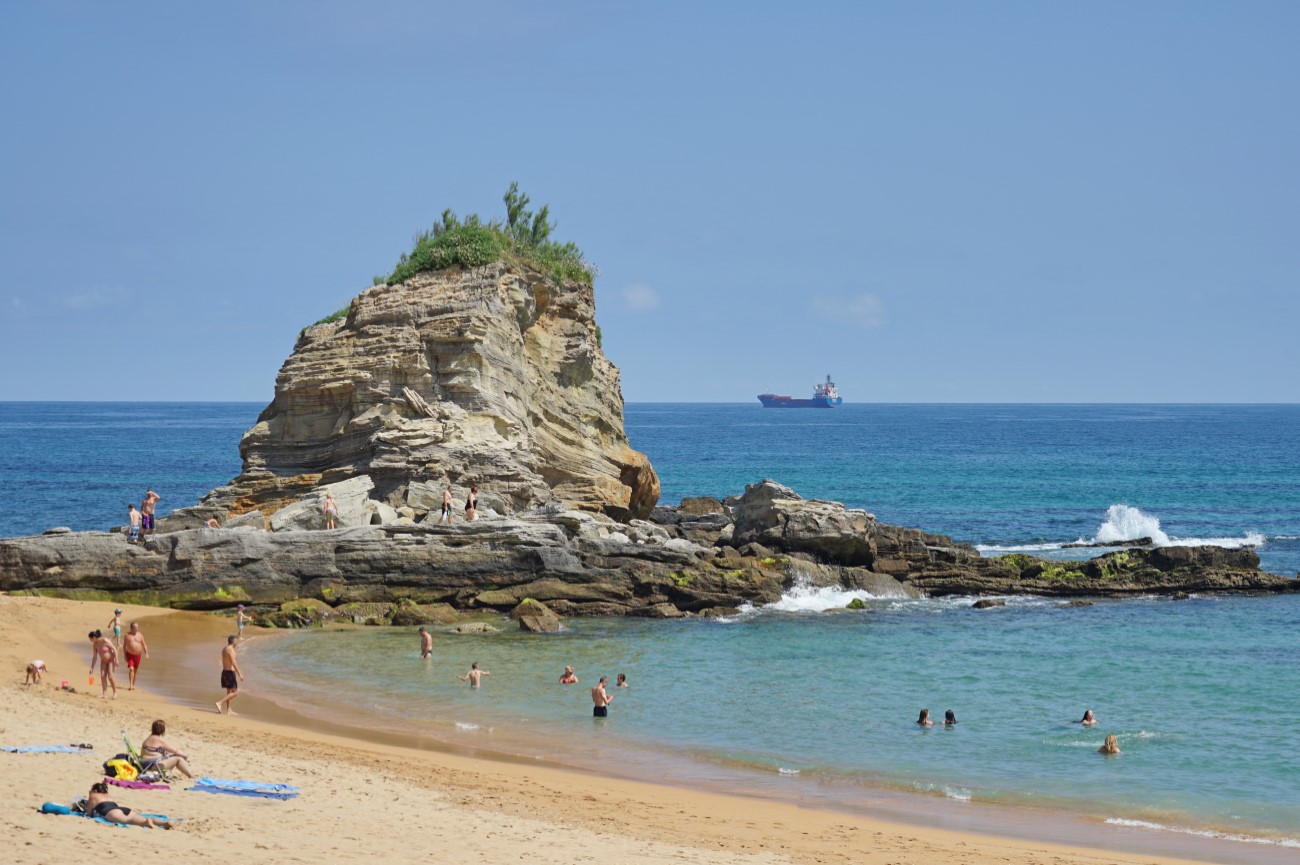 The Playa del Camello (Camel Beach), with a rock shaped like a camel, near the Magdalena Peninsula in Santander, Cantabria, Spain