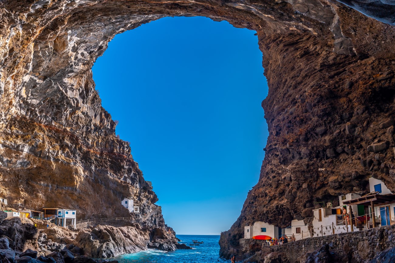 The volcanic cave Cueva Bonita and the picturesque village of Poris de Candelaria, La Palma Island, Canary Islands, Spain